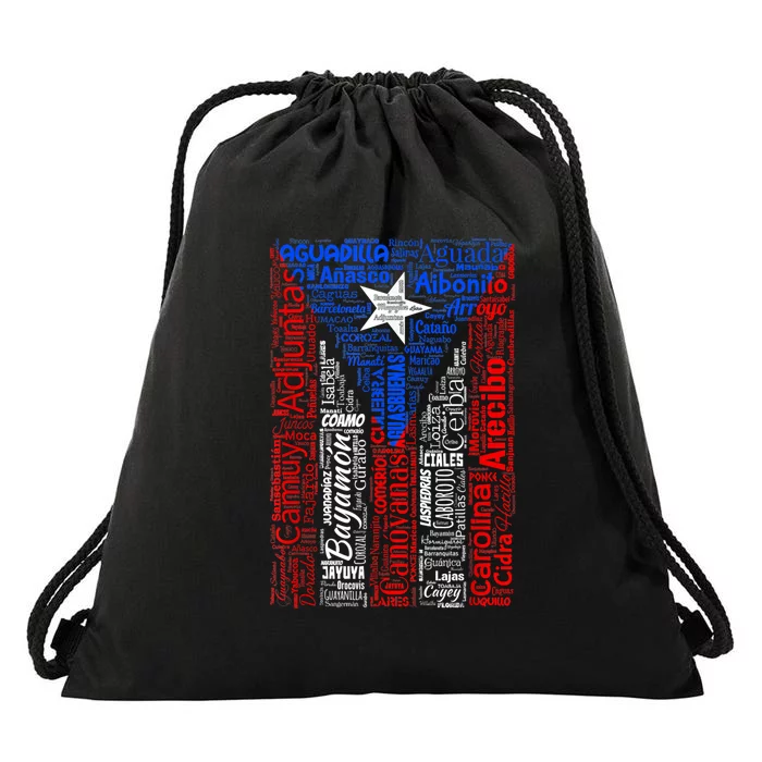 Puerto Rican Flag With Towns And Cities Of Puerto Rico Drawstring Bag