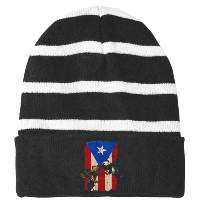 Puerto Rico Flag Cockfighter Game Fowl Cockfighting Rooster Striped Beanie with Solid Band