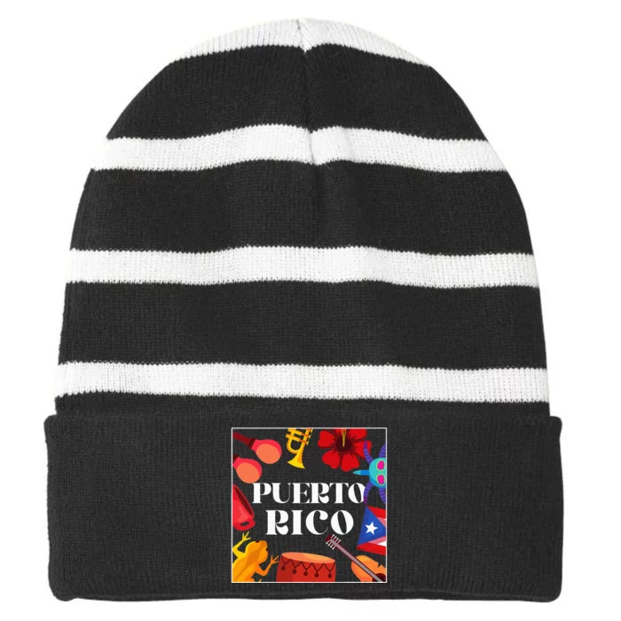 Puerto Rico Flag Flower Amapola Coquí Vejigante Pride Striped Beanie with Solid Band