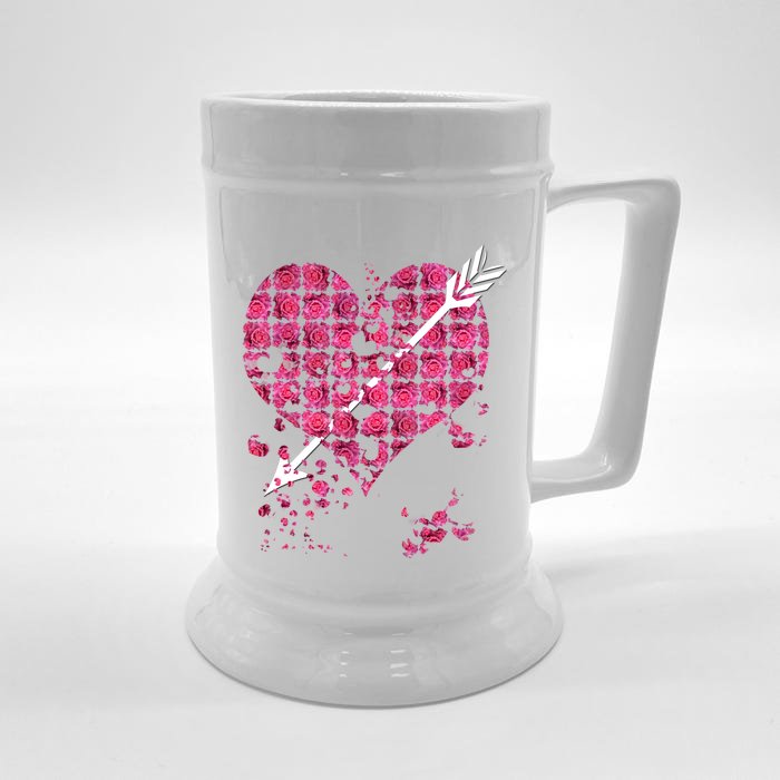 Pink Rose Flower Heart And Arrow Gift Roses Lovers Valentines Day Funny Gift Front & Back Beer Stein