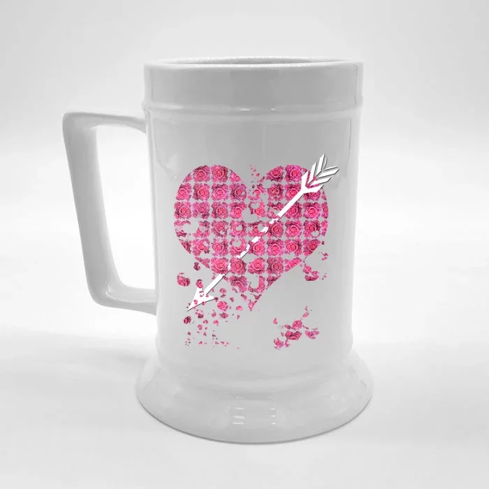 Pink Rose Flower Heart And Arrow Gift Roses Lovers Valentines Day Funny Gift Front & Back Beer Stein