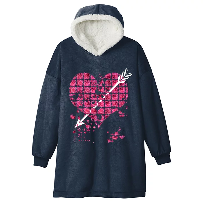 Pink Rose Flower Heart And Arrow Gift Roses Lovers Valentines Day Gift Hooded Wearable Blanket