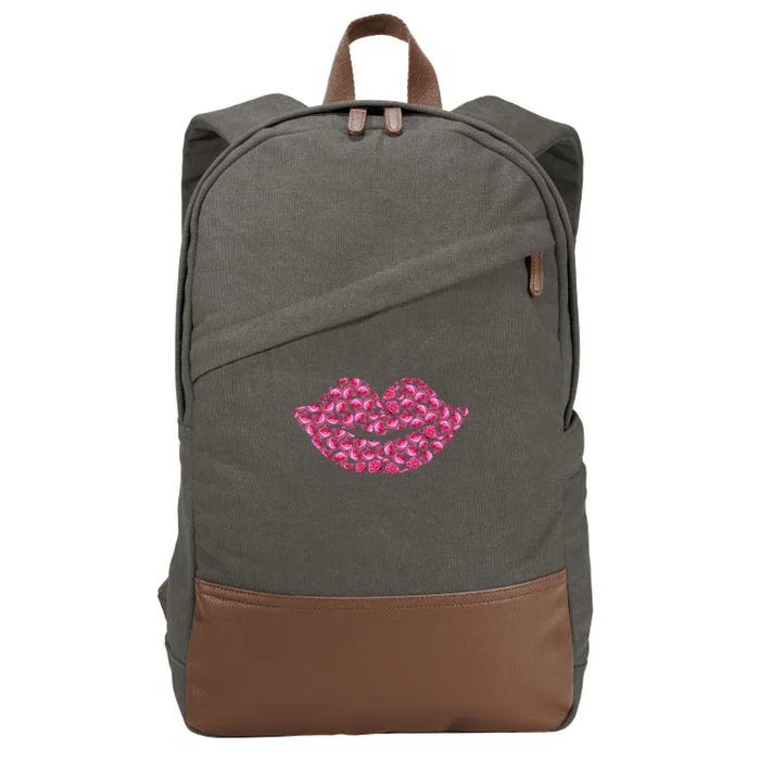 Pink Rose Flower Lips Tee Roses Lovers Floral Valentines Day Gift Cotton Canvas Backpack