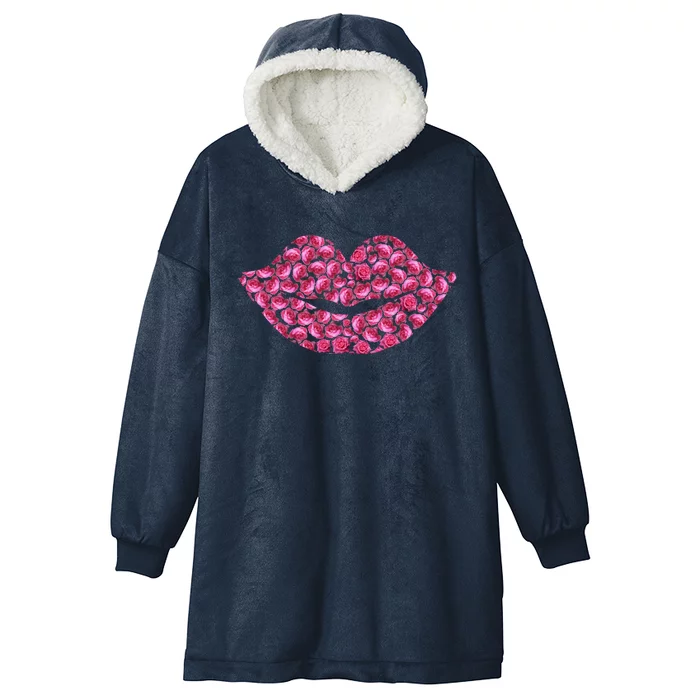 Pink Rose Flower Lips Tee Roses Lovers Floral Valentines Day Gift Hooded Wearable Blanket