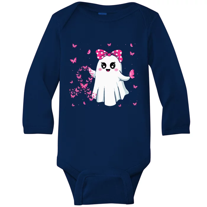 Pink Ribbon Funny Ghost Halloween Breast Cancer Awareness Baby Long Sleeve Bodysuit