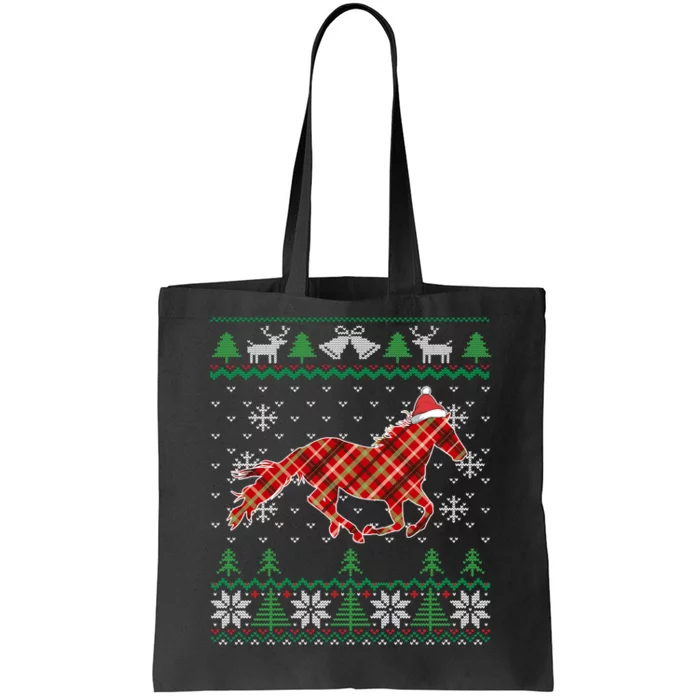 Plaid Race Horse Santa Hat For Christmas Tote Bag