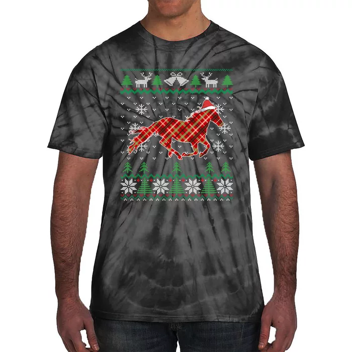 Plaid Race Horse Santa Hat For Christmas Tie-Dye T-Shirt