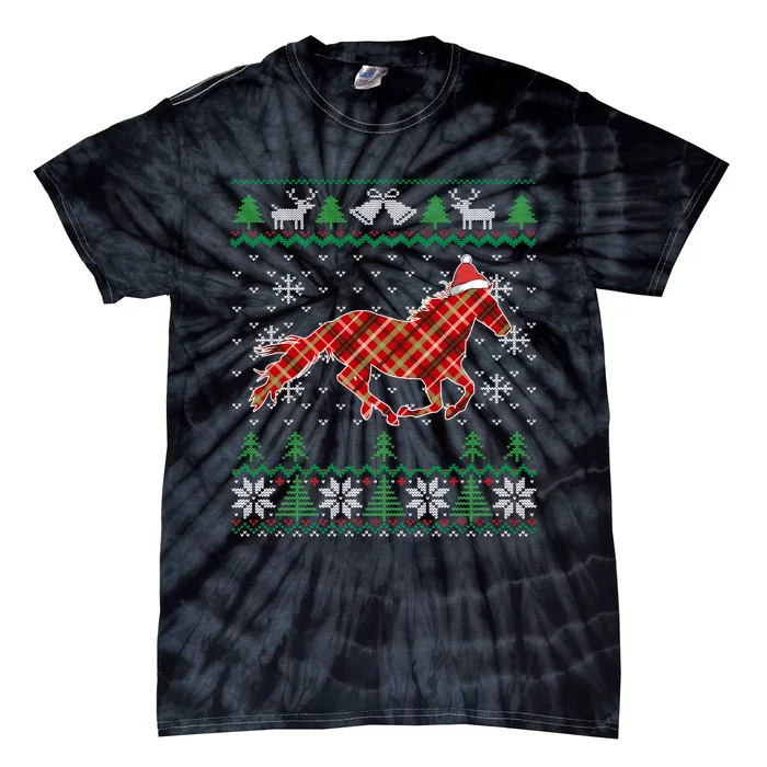 Plaid Race Horse Santa Hat For Christmas Tie-Dye T-Shirt