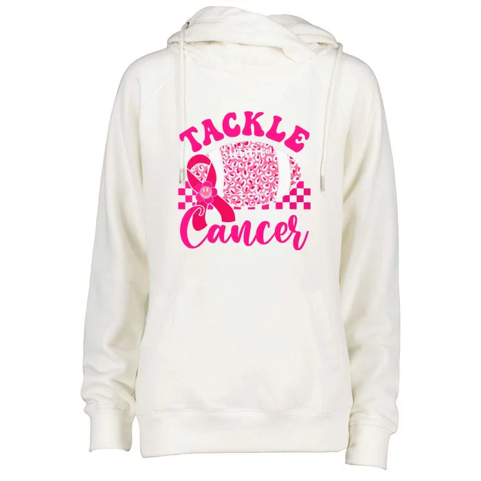 Pink Ribbon Hippie Tackle Football Breast Cancer Awareness Gift Womens Funnel Neck Pullover Hood