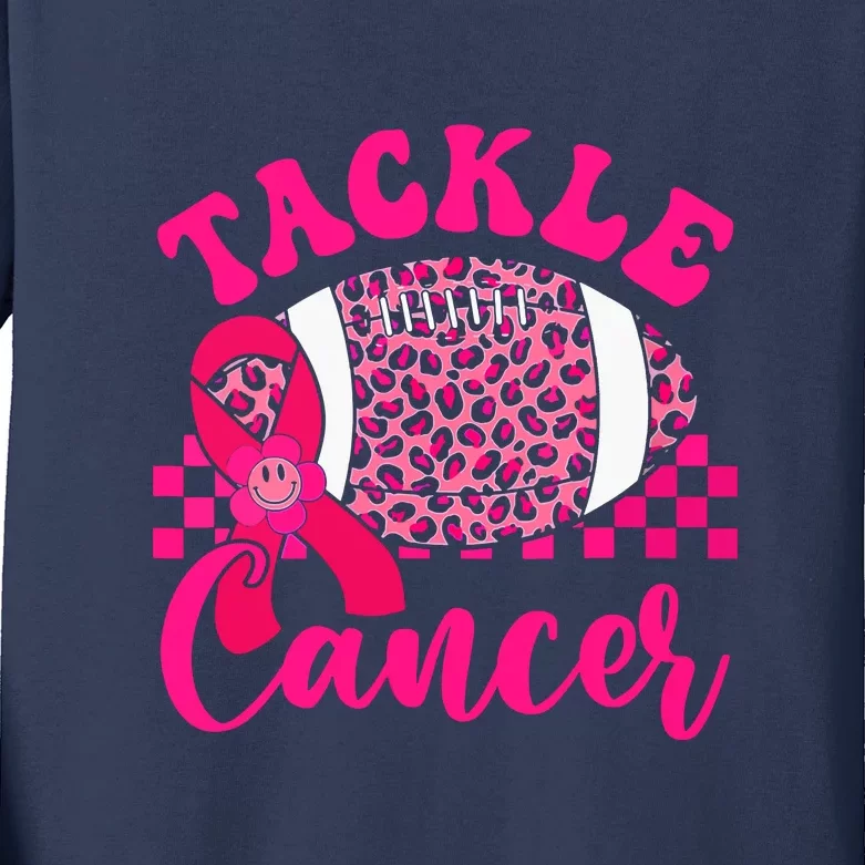 Pink Ribbon Hippie Tackle Football Breast Cancer Awareness Gift Kids Long Sleeve Shirt