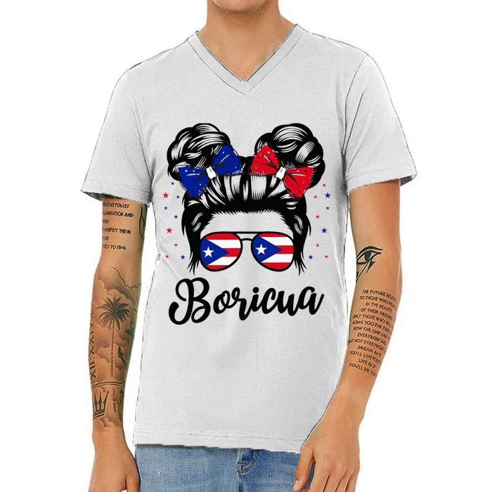 Puerto Rico Hispanic Heritage Messy Bun Puerto Rican V-Neck T-Shirt