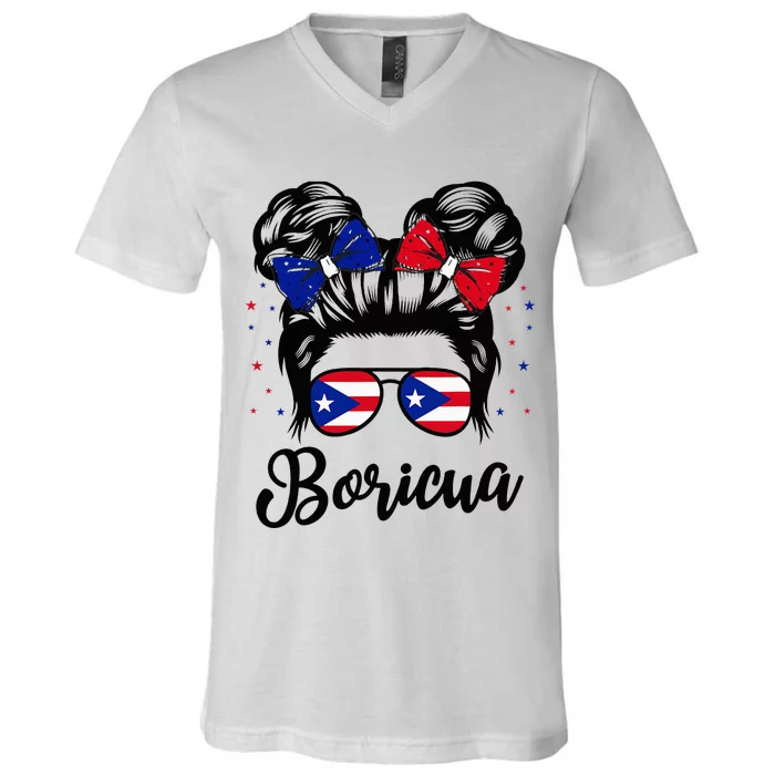 Puerto Rico Hispanic Heritage Messy Bun Puerto Rican V-Neck T-Shirt