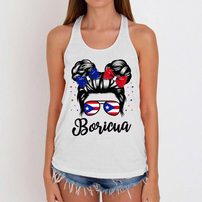 Puerto Rico Hispanic Heritage Messy Bun Puerto Rican Women's Knotted Racerback Tank