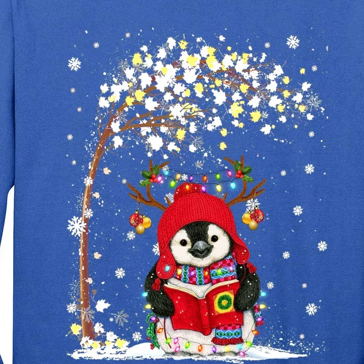 Penguin Reindeer Hat Santa Christmas Tree Funny Penguin Xmas Gift Tall Long Sleeve T-Shirt