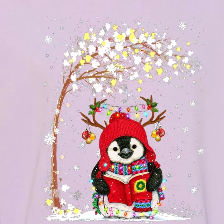 Penguin Reindeer Hat Santa Christmas Tree Funny Penguin Xmas Gift Garment-Dyed Sweatshirt