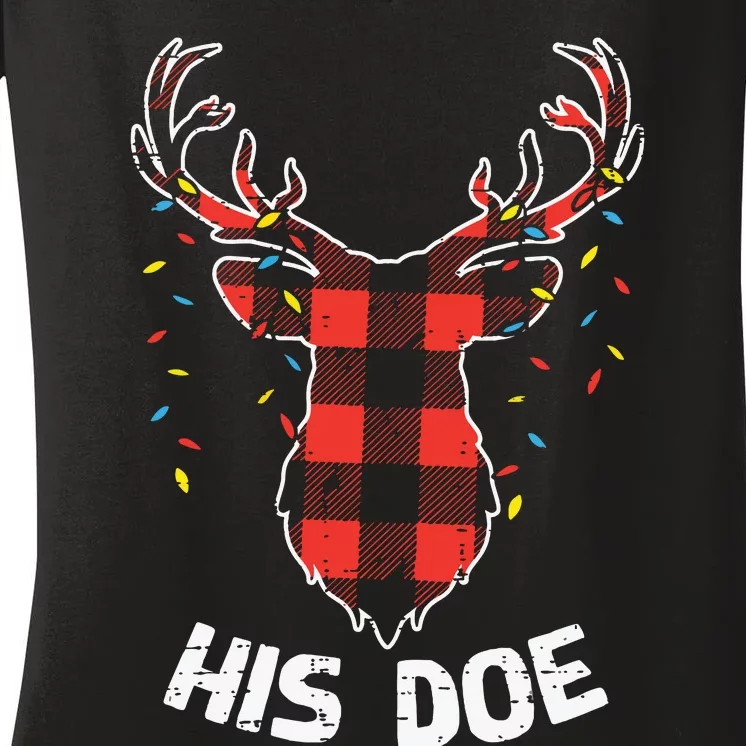 Plaid Reindeer His Doe Matching Christmas Couple Women Pj Women's V-Neck T-Shirt