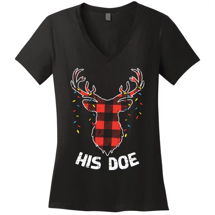 Plaid Reindeer His Doe Matching Christmas Couple Women Pj Women's V-Neck T-Shirt