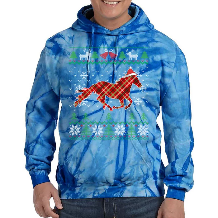 Plaid Race Horse Santa Hat Rancher Equestrian Ugly Christmas Gift Tie Dye Hoodie