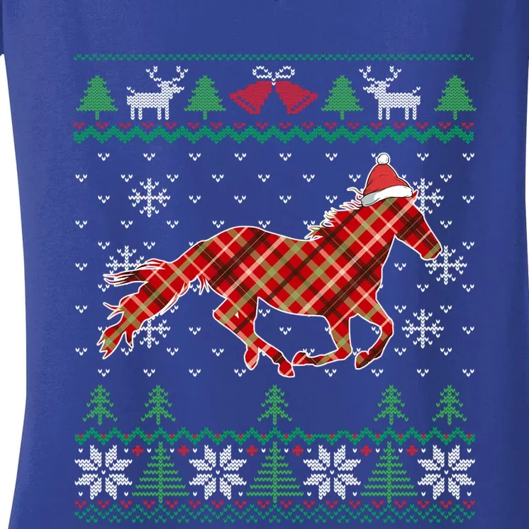 Plaid Race Horse Santa Hat Rancher Equestrian Ugly Christmas Gift Women's V-Neck T-Shirt