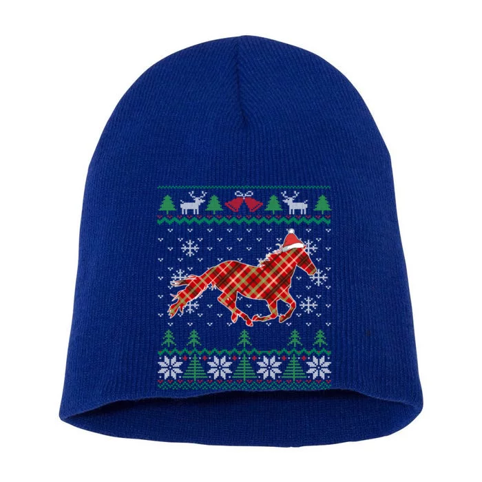 Plaid Race Horse Santa Hat Rancher Equestrian Ugly Christmas Gift Short Acrylic Beanie