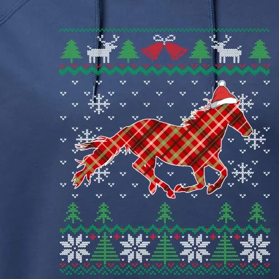 Plaid Race Horse Santa Hat Rancher Equestrian Ugly Christmas Gift Performance Fleece Hoodie