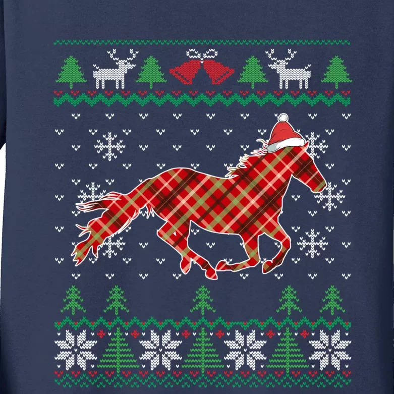 Plaid Race Horse Santa Hat Rancher Equestrian Ugly Christmas Kids Long Sleeve Shirt