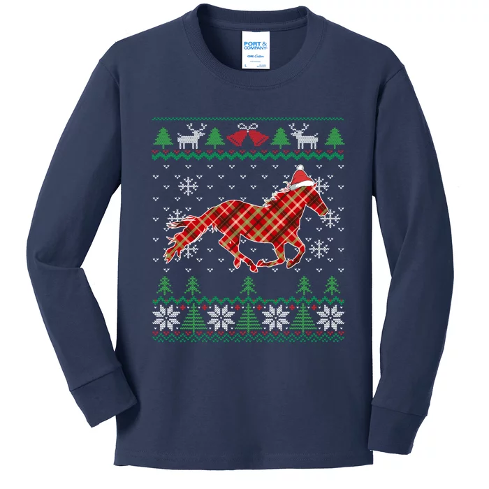 Plaid Race Horse Santa Hat Rancher Equestrian Ugly Christmas Kids Long Sleeve Shirt