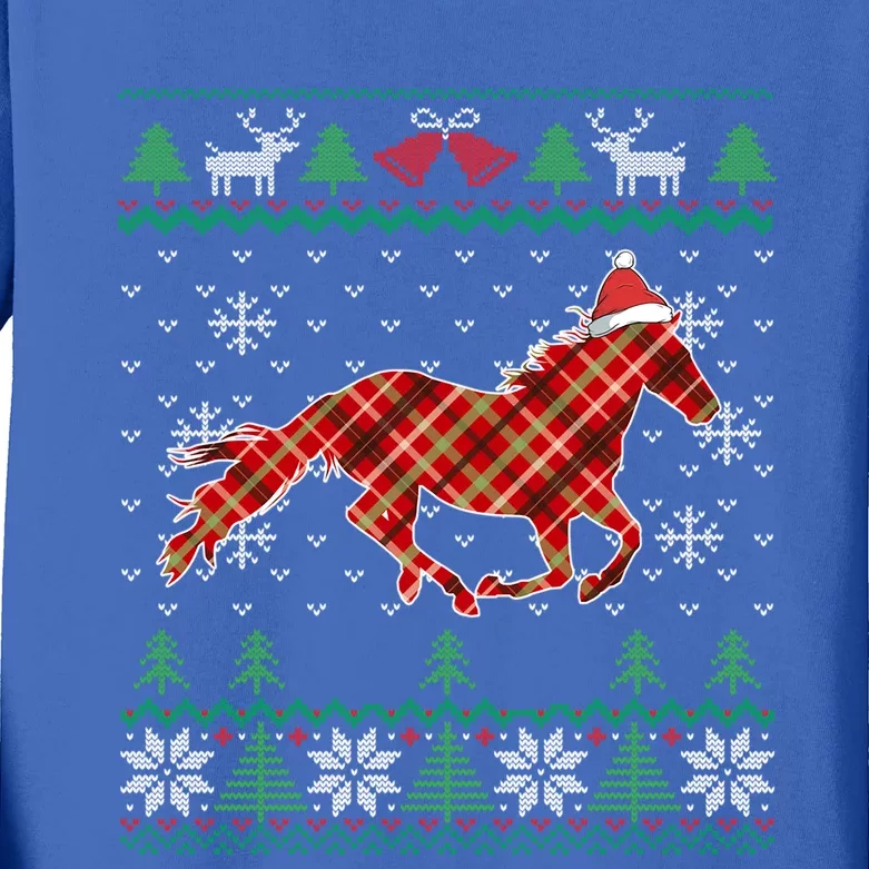 Plaid Race Horse Santa Hat Rancher Equestrian Ugly Christmas Cool Gift Kids Long Sleeve Shirt