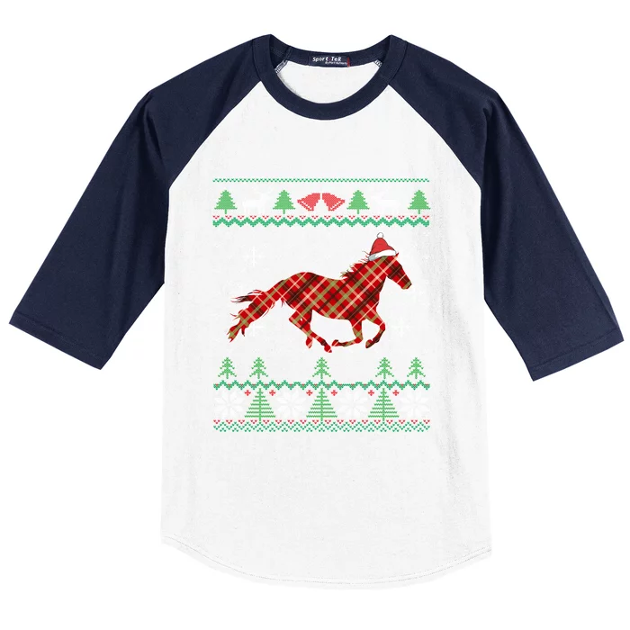 Plaid Race Horse Santa Hat Rancher Equestrian Ugly Christmas Cool Gift Baseball Sleeve Shirt