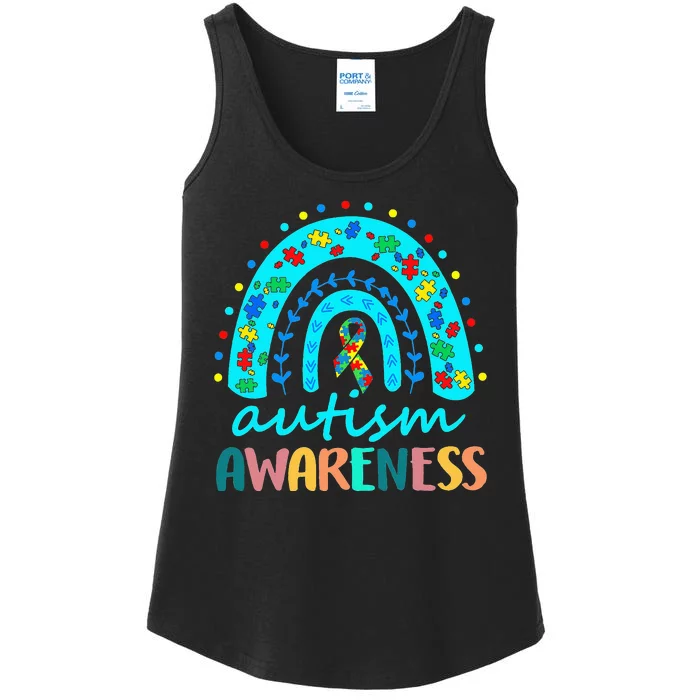 Puzzle Rainbow In April We Wear Blue Autism Awareness Month Ladies Essential Tank