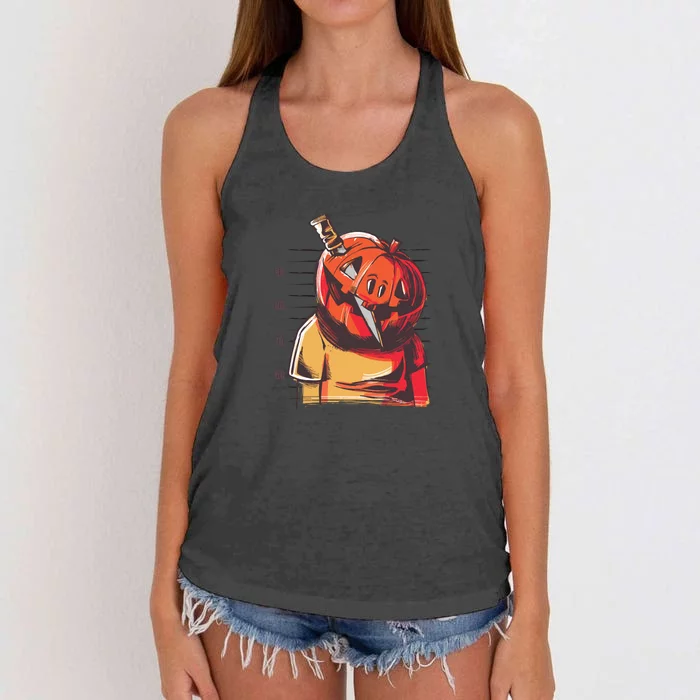 Prisoner Pumpkin Mug Shot Women's Knotted Racerback Tank