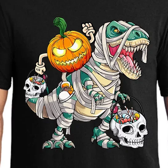 Pumpkin Riding Mummy Dinosaur T Rex Halloween Funny Skeleton Pajama Set