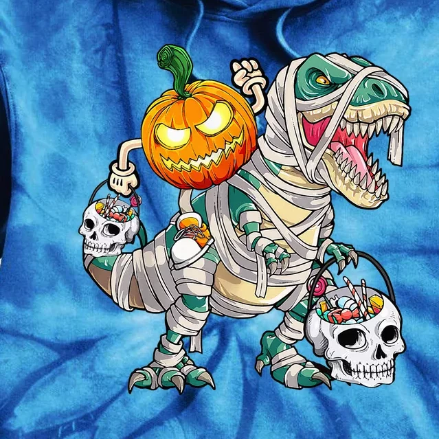 Pumpkin Riding Mummy Dinosaur T Rex Halloween Funny Skeleton Tie Dye Hoodie