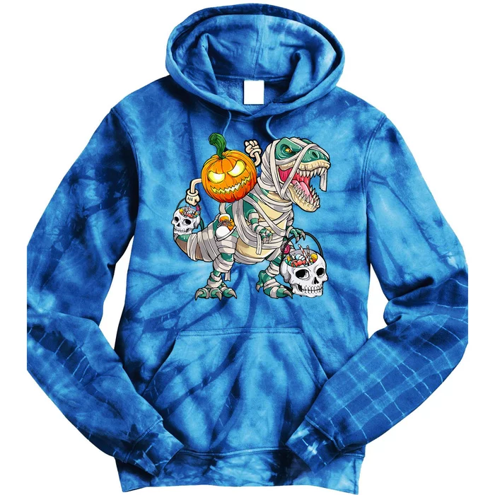 Pumpkin Riding Mummy Dinosaur T Rex Halloween Funny Skeleton Tie Dye Hoodie