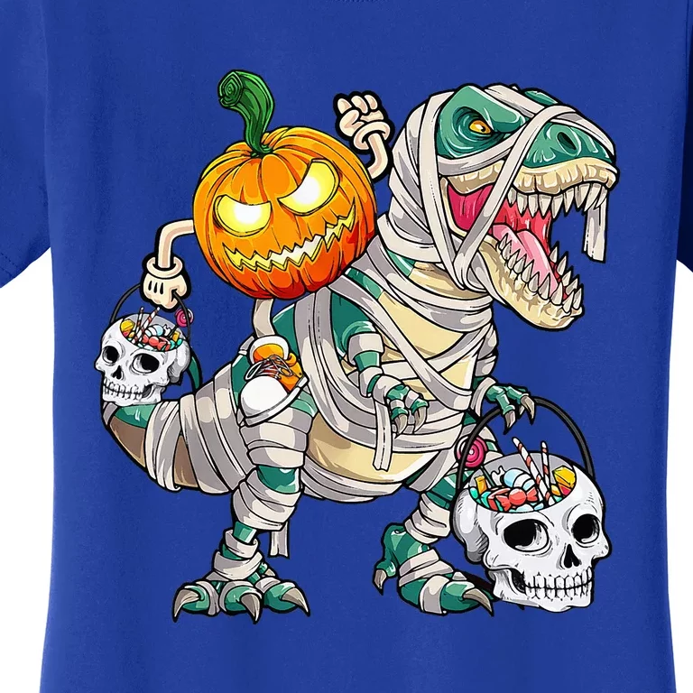 Pumpkin Riding Mummy Dinosaur T Rex Halloween Funny Skeleton Women's T-Shirt