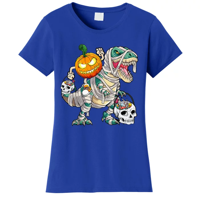 Pumpkin Riding Mummy Dinosaur T Rex Halloween Funny Skeleton Women's T-Shirt