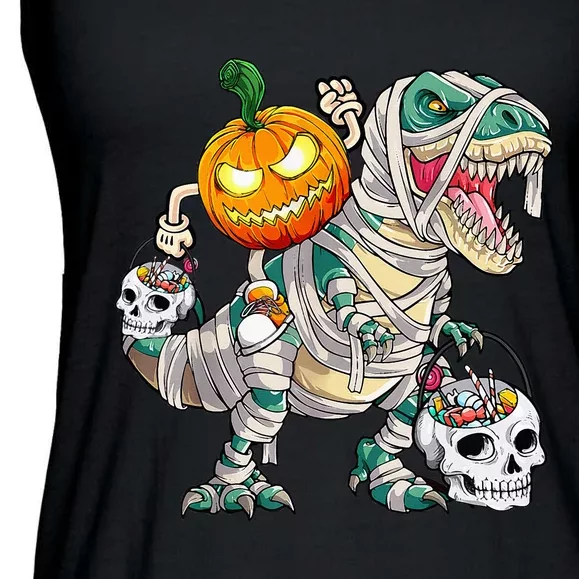 Pumpkin Riding Mummy Dinosaur T Rex Halloween Funny Skeleton Ladies Essential Flowy Tank