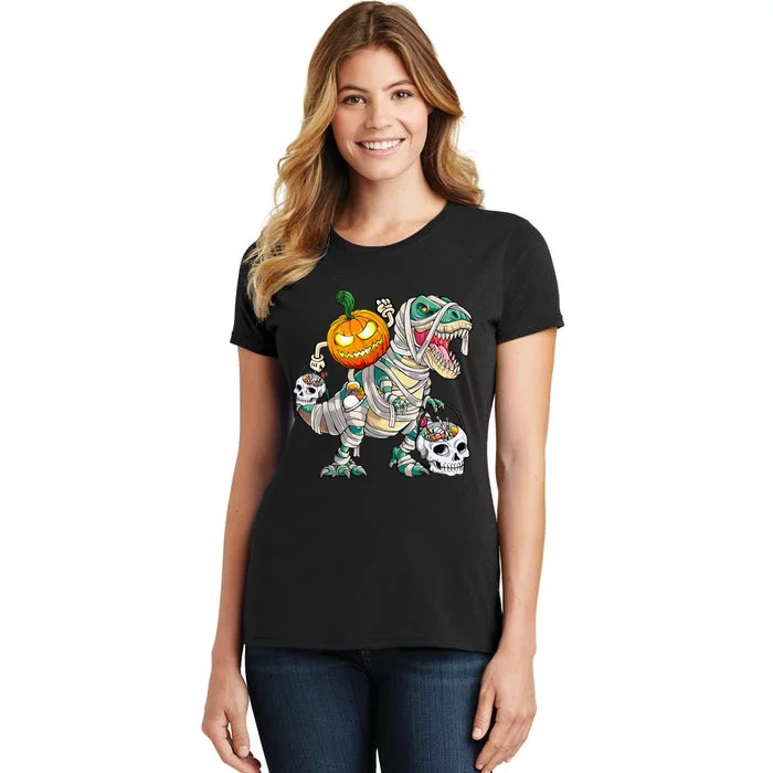 Pumpkin Riding Mummy Dinosaur T Rex Halloween Funny Skeleton Women's T-Shirt