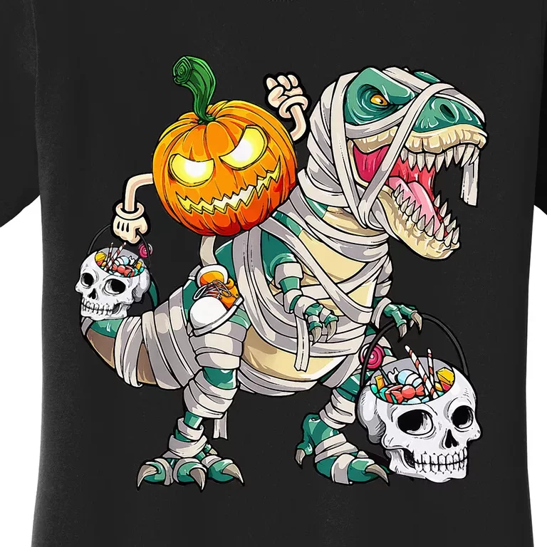 Pumpkin Riding Mummy Dinosaur T Rex Halloween Funny Skeleton Women's T-Shirt