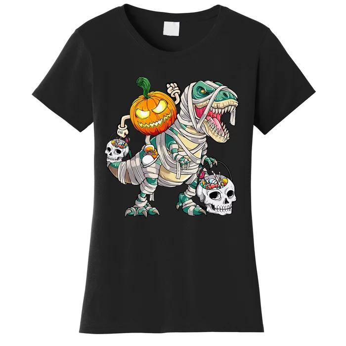 Pumpkin Riding Mummy Dinosaur T Rex Halloween Funny Skeleton Women's T-Shirt