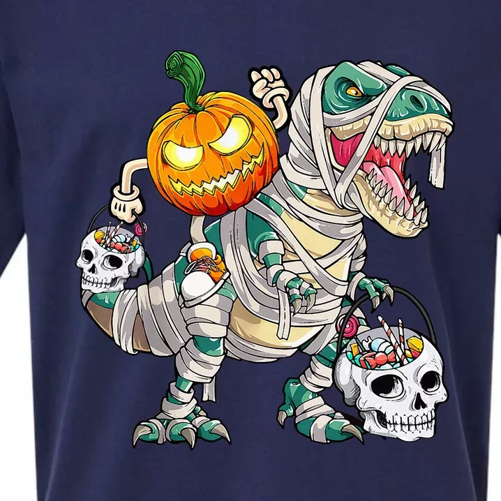 Pumpkin Riding Mummy Dinosaur T Rex Halloween Funny Skeleton Sueded Cloud Jersey T-Shirt