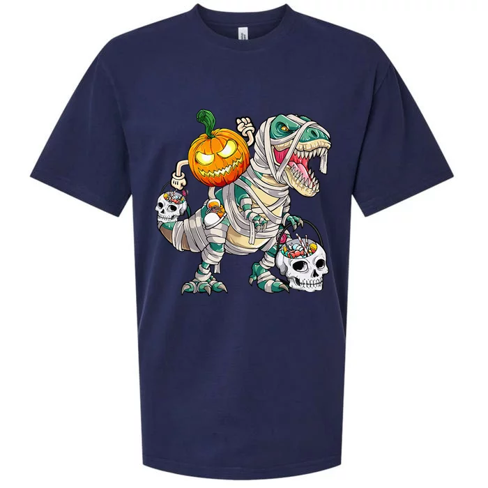 Pumpkin Riding Mummy Dinosaur T Rex Halloween Funny Skeleton Sueded Cloud Jersey T-Shirt