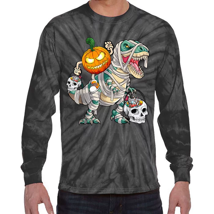 Pumpkin Riding Mummy Dinosaur T Rex Halloween Funny Skeleton Tie-Dye Long Sleeve Shirt