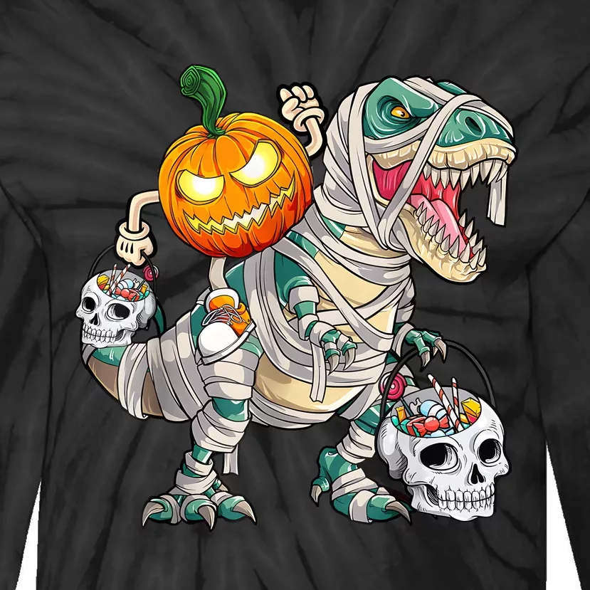 Pumpkin Riding Mummy Dinosaur T Rex Halloween Funny Skeleton Tie-Dye Long Sleeve Shirt