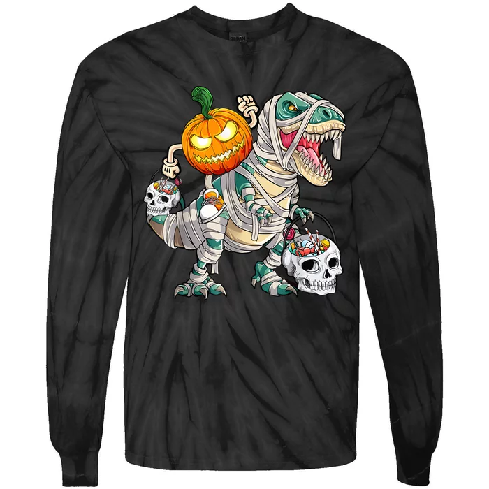 Pumpkin Riding Mummy Dinosaur T Rex Halloween Funny Skeleton Tie-Dye Long Sleeve Shirt