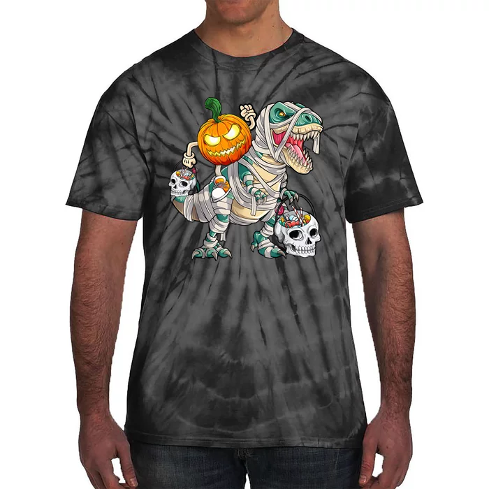 Pumpkin Riding Mummy Dinosaur T Rex Halloween Funny Skeleton Tie-Dye T-Shirt