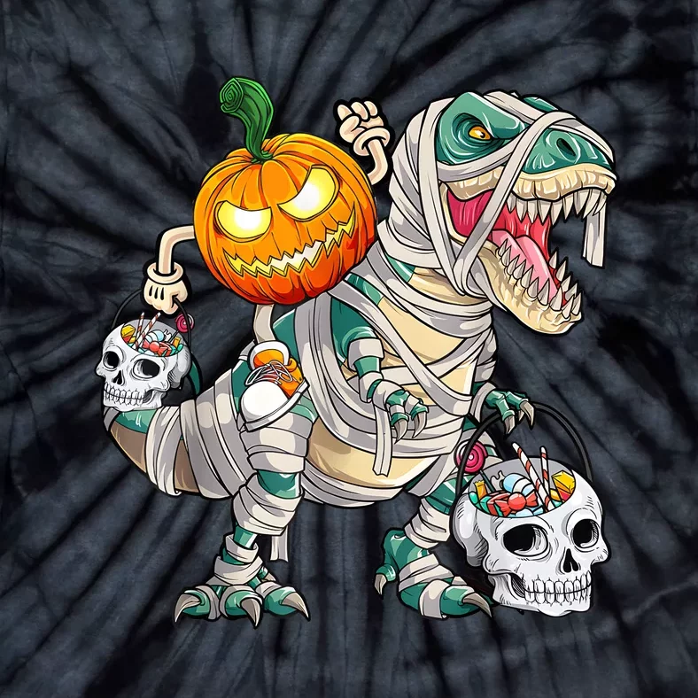 Pumpkin Riding Mummy Dinosaur T Rex Halloween Funny Skeleton Tie-Dye T-Shirt