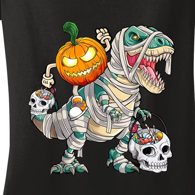 Pumpkin Riding Mummy Dinosaur T Rex Halloween Funny Skeleton Women's V-Neck T-Shirt