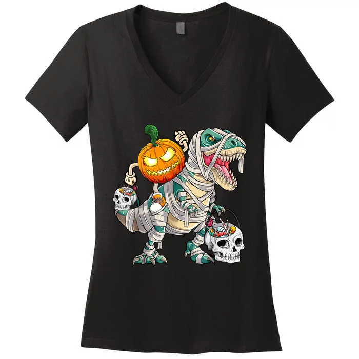 Pumpkin Riding Mummy Dinosaur T Rex Halloween Funny Skeleton Women's V-Neck T-Shirt