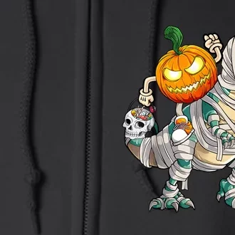 Pumpkin Riding Mummy Dinosaur T Rex Halloween Funny Skeleton Full Zip Hoodie